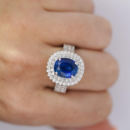 4.73 Carat Oval Ceylon Blue Sapphire Double Diamond Halo Cocktail Ring Pavé-Time and Carat
