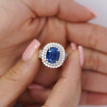 4.73 Carat Oval Ceylon Blue Sapphire Double Diamond Halo Cocktail Ring Pavé-Time and Carat