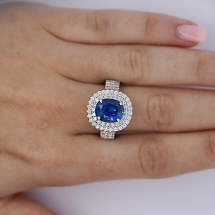 4.73 Carat Oval Ceylon Blue Sapphire Double Diamond Halo Cocktail Ring Pavé-Time and Carat