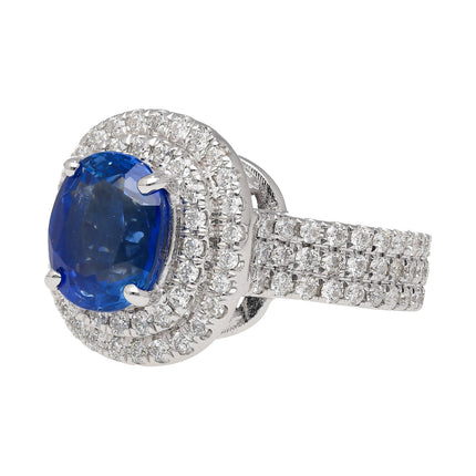 4.73 Carat Oval Ceylon Blue Sapphire Double Diamond Halo Cocktail Ring Pavé-Time and Carat