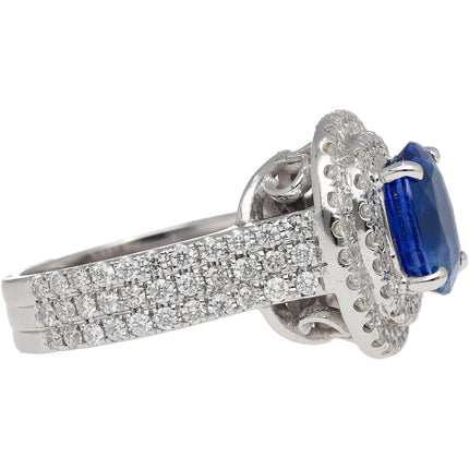 4.73 Carat Oval Ceylon Blue Sapphire Double Diamond Halo Cocktail Ring Pavé-Time and Carat