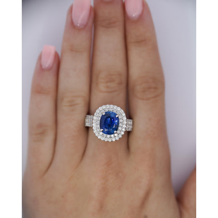 4.73 Carat Oval Ceylon Blue Sapphire Double Diamond Halo Cocktail Ring Pavé-Time and Carat