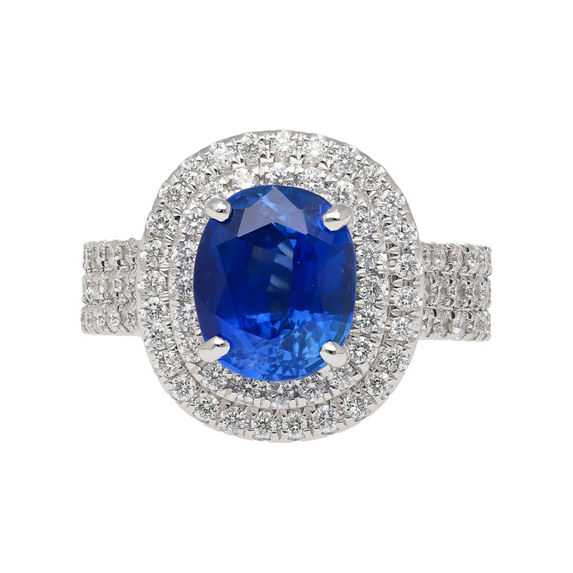 4.73 Carat Oval Ceylon Blue Sapphire Double Diamond Halo Cocktail Ring Pavé-Time and Carat