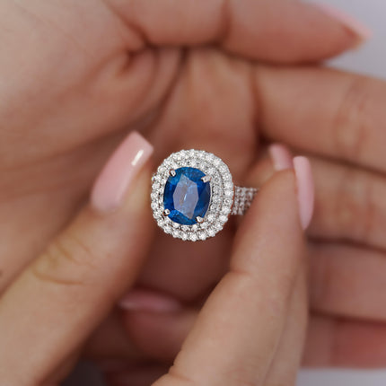 4.73ct GRS Certified Oval Blue Sapphire with Double Diamond Halo Ring