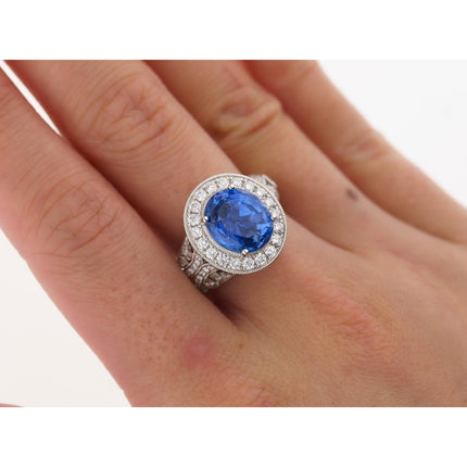 4.79 Carat Oval Cut Ceylon Blue Sapphire Round Diamond Engagement Ring-Time and Carat