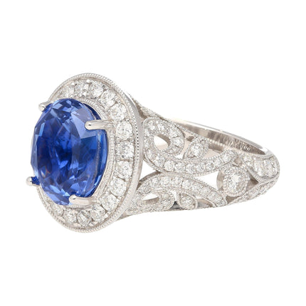 4.79 Carat Oval Cut Ceylon Blue Sapphire Round Diamond Engagement Ring-Time and Carat