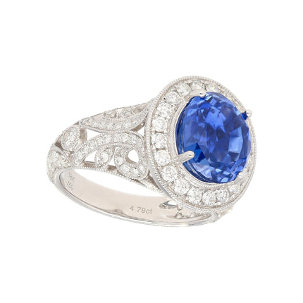 4.79 Carat Oval Cut Ceylon Blue Sapphire Round Diamond Engagement Ring-Time and Carat