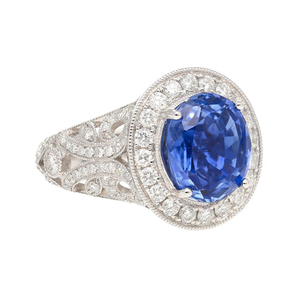 4.79 Carat Oval Cut Ceylon Blue Sapphire Round Diamond Engagement Ring-Time and Carat