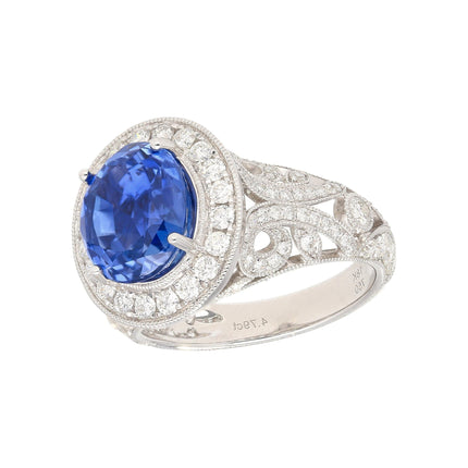4.79 Carat Oval Cut Ceylon Blue Sapphire Round Diamond Engagement Ring-Time and Carat