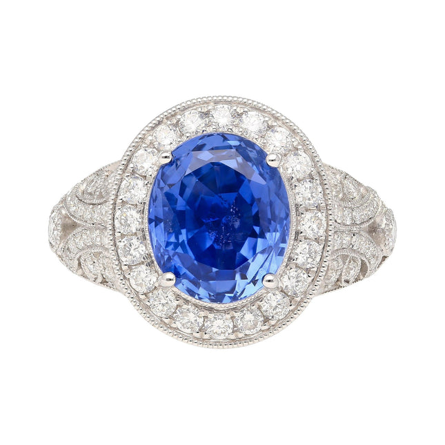 4.79 Carat Oval Cut Ceylon Blue Sapphire Round Diamond Engagement Ring-Time and Carat