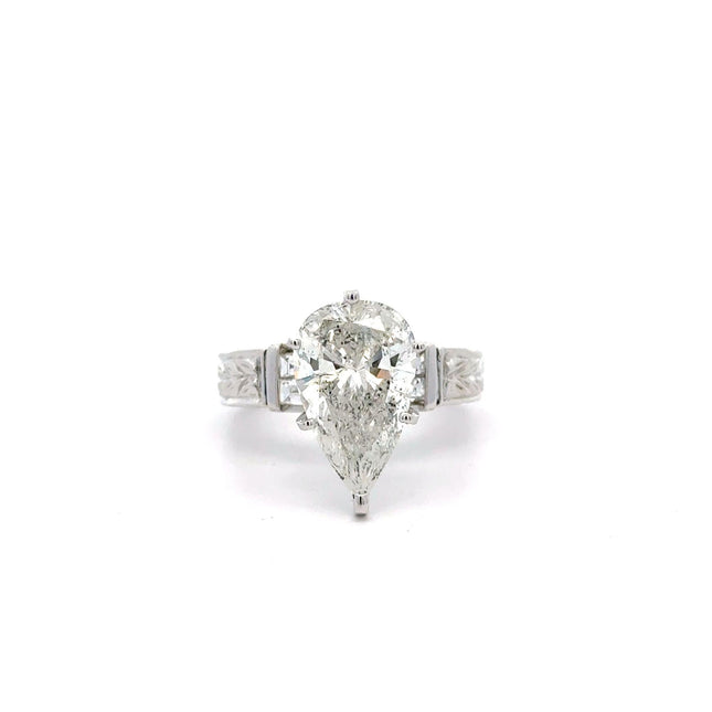4.86 Carat Pear Cut Diamond Baguette Diamond Vintage Filigree Engagement Ring-Time and Carat