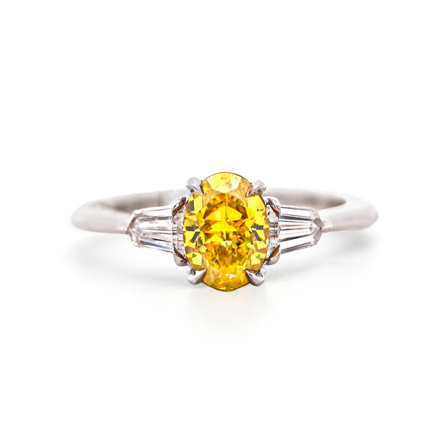 1.55ctw Fancy Vivid Yellowish Orange Diamond 3 Stone Ring Platinum | GIA