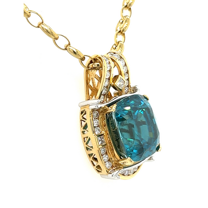 50 Carat Cushion Cut Greenish Blue Zircon Princess Round Diamond Pendant Necklace Platinum 18K Gold-Time and Carat