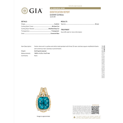 50 Carat Cushion Cut Greenish Blue Zircon Princess Round Diamond Pendant Necklace Platinum 18K Gold-Time and Carat