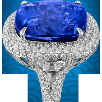 50.11 Carat Cushion Cut No Heat Sri Lanka Blue Sapphire Mixed Diamond Ring-Time and Carat