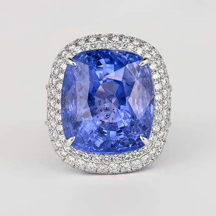 50.11 Carat Cushion Cut No Heat Sri Lanka Blue Sapphire Mixed Diamond Ring-Time and Carat