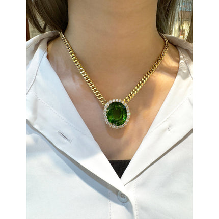 51 Carat Oval Cut Green Peridot Round Diamond Halo Pendant Necklace 18K White Yellow Gold Cuban Chain-Time and Carat