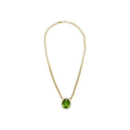 51 Carat Oval Cut Green Peridot Round Diamond Halo Pendant Necklace 18K White Yellow Gold Cuban Chain-Time and Carat