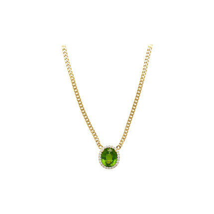 51 Carat Oval Cut Green Peridot Round Diamond Halo Pendant Necklace 18K White Yellow Gold Cuban Chain-Time and Carat