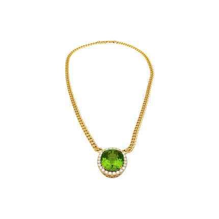 51 Carat Oval Cut Green Peridot Round Diamond Halo Pendant Necklace 18K White Yellow Gold Cuban Chain-Time and Carat