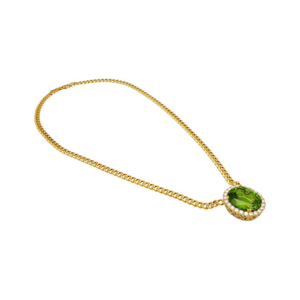 51 Carat Oval Cut Green Peridot Round Diamond Halo Pendant Necklace 18K White Yellow Gold Cuban Chain-Time and Carat