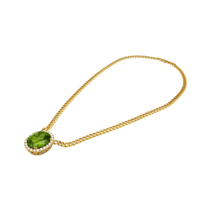 51 Carat Oval Cut Green Peridot Round Diamond Halo Pendant Necklace 18K White Yellow Gold Cuban Chain-Time and Carat