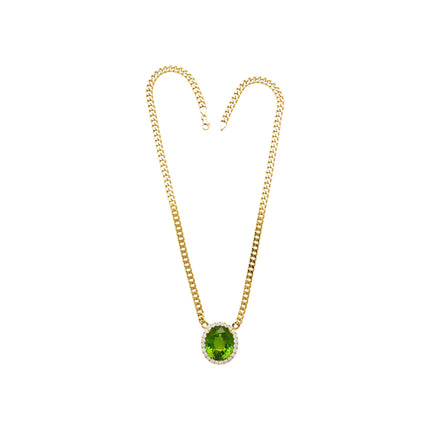 51 Carat Oval Cut Green Peridot Round Diamond Halo Pendant Necklace 18K White Yellow Gold Cuban Chain-Time and Carat