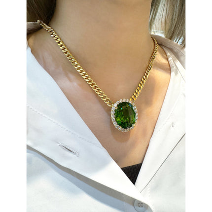 51 Carat Oval Cut Green Peridot Round Diamond Halo Pendant Necklace 18K White Yellow Gold Cuban Chain-Time and Carat