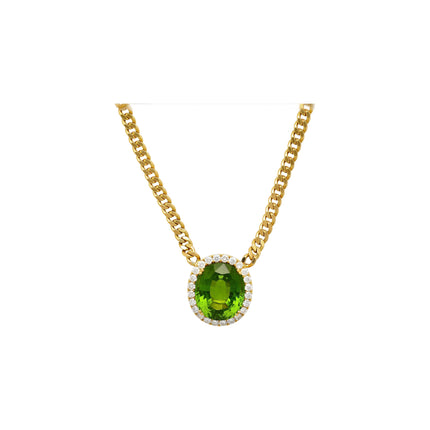 51 Carat Oval Cut Green Peridot Round Diamond Halo Pendant Necklace 18K White Yellow Gold Cuban Chain-Time and Carat