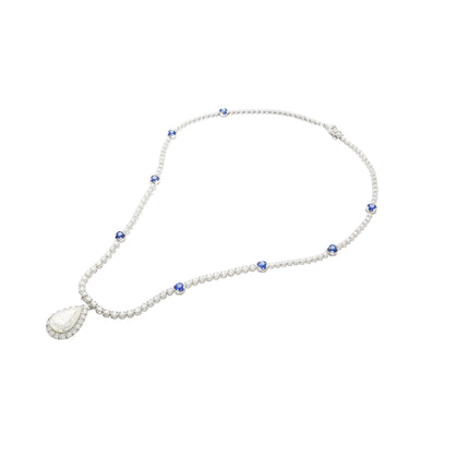 5.02 Carat Pear Cut Diamond Round Diamond Halo Sapphire Pendant Necklace-Time and Carat