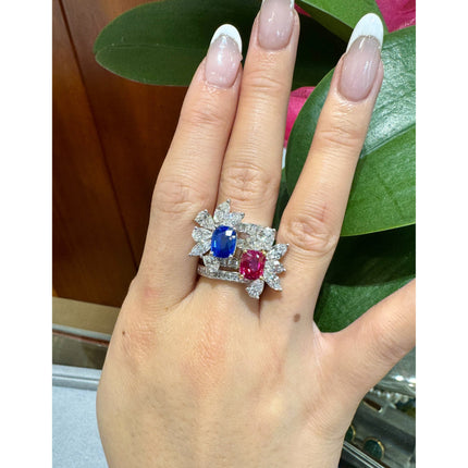 5.03 Carat No Heat Kashmir Sapphire Burma Ruby Diamond Toi Et Moi Detachable Stack Ring-Time and Carat