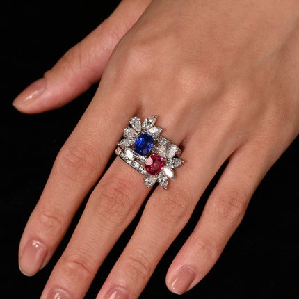 5.03 Carat No Heat Kashmir Sapphire Burma Ruby Diamond Toi Et Moi Detachable Stack Ring-Time and Carat