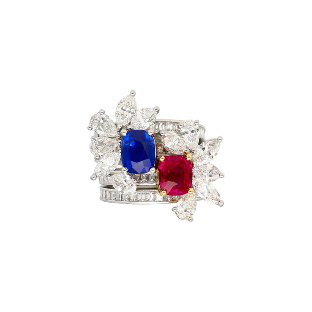 5.03 Carat No Heat Kashmir Sapphire Burma Ruby Diamond Toi Et Moi Detachable Stack Ring-Time and Carat