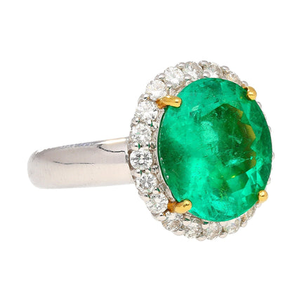 5.03 Carat Oval Cut Colombian Emerald Round Diamond Halo Two Tone Ring-Time and Carat