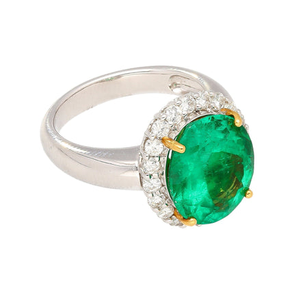 5.03 Carat Oval Cut Colombian Emerald Round Diamond Halo Two Tone Ring-Time and Carat