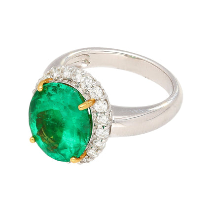 5.03 Carat Oval Cut Colombian Emerald Round Diamond Halo Two Tone Ring-Time and Carat