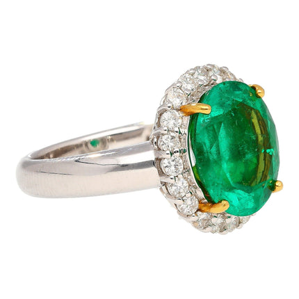 5.03 Carat Oval Cut Colombian Emerald Round Diamond Halo Two Tone Ring-Time and Carat