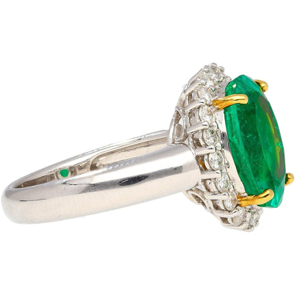 5.03 Carat Oval Cut Colombian Emerald Round Diamond Halo Two Tone Ring-Time and Carat