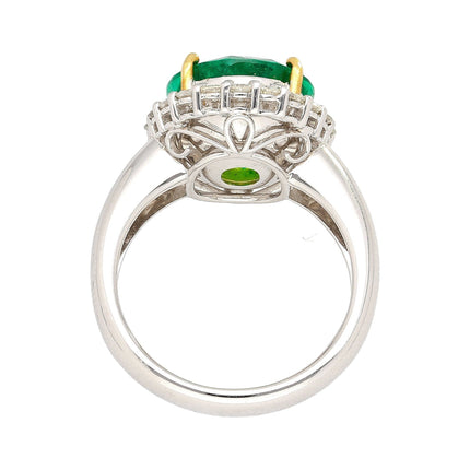5.03 Carat Oval Cut Colombian Emerald Round Diamond Halo Two Tone Ring-Time and Carat
