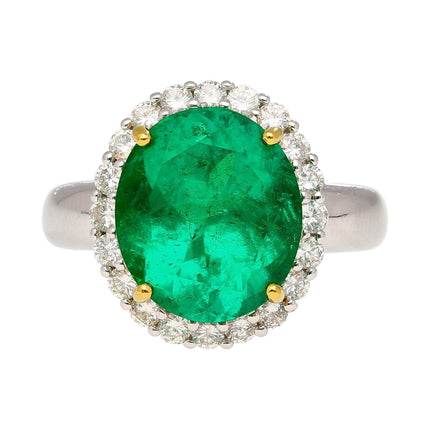 5.03 Carat Oval Cut Colombian Emerald Round Diamond Halo Two Tone Ring-Time and Carat