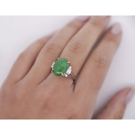 5.03 Carat Oval Untreated Green Jadeite Jade Baguette Diamond Three Stone Ring Platinum-Time and Carat