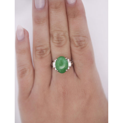5.03 Carat Oval Untreated Green Jadeite Jade Baguette Diamond Three Stone Ring Platinum-Time and Carat