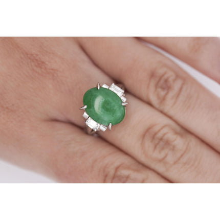 5.03 Carat Oval Untreated Green Jadeite Jade Baguette Diamond Three Stone Ring Platinum-Time and Carat