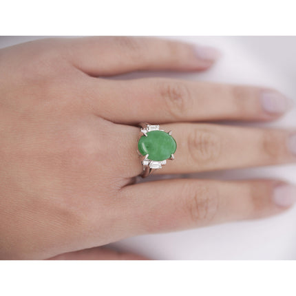 5.03 Carat Oval Untreated Green Jadeite Jade Baguette Diamond Three Stone Ring Platinum-Time and Carat