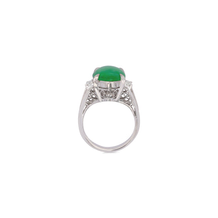 5.03 Carat Oval Untreated Green Jadeite Jade Baguette Diamond Three Stone Ring Platinum-Time and Carat