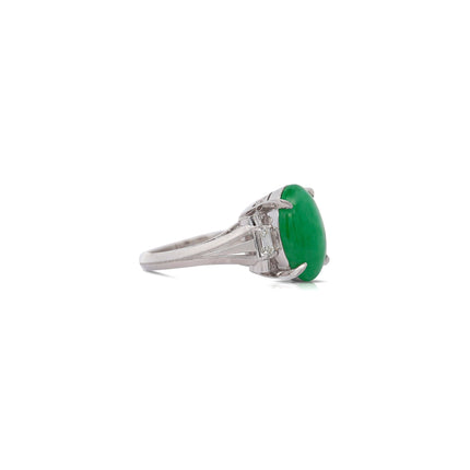 5.03 Carat Oval Untreated Green Jadeite Jade Baguette Diamond Three Stone Ring Platinum-Time and Carat