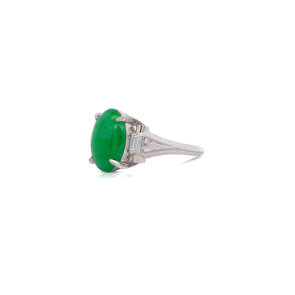 5.03 Carat Oval Untreated Green Jadeite Jade Baguette Diamond Three Stone Ring Platinum-Time and Carat