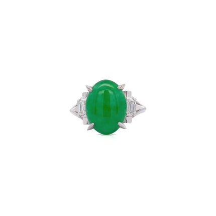 5.03 Carat Oval Untreated Green Jadeite Jade Baguette Diamond Three Stone Ring Platinum-Time and Carat