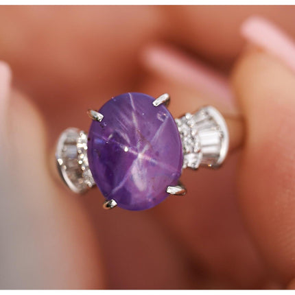5.06 Carat Cabochon Star Pinkish Purple Sapphire Baguette Diamond Ring Platinum-Time and Carat