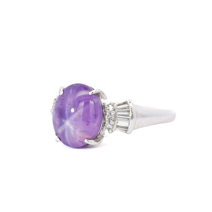 5.06 Carat Cabochon Star Pinkish Purple Sapphire Baguette Diamond Ring Platinum-Time and Carat